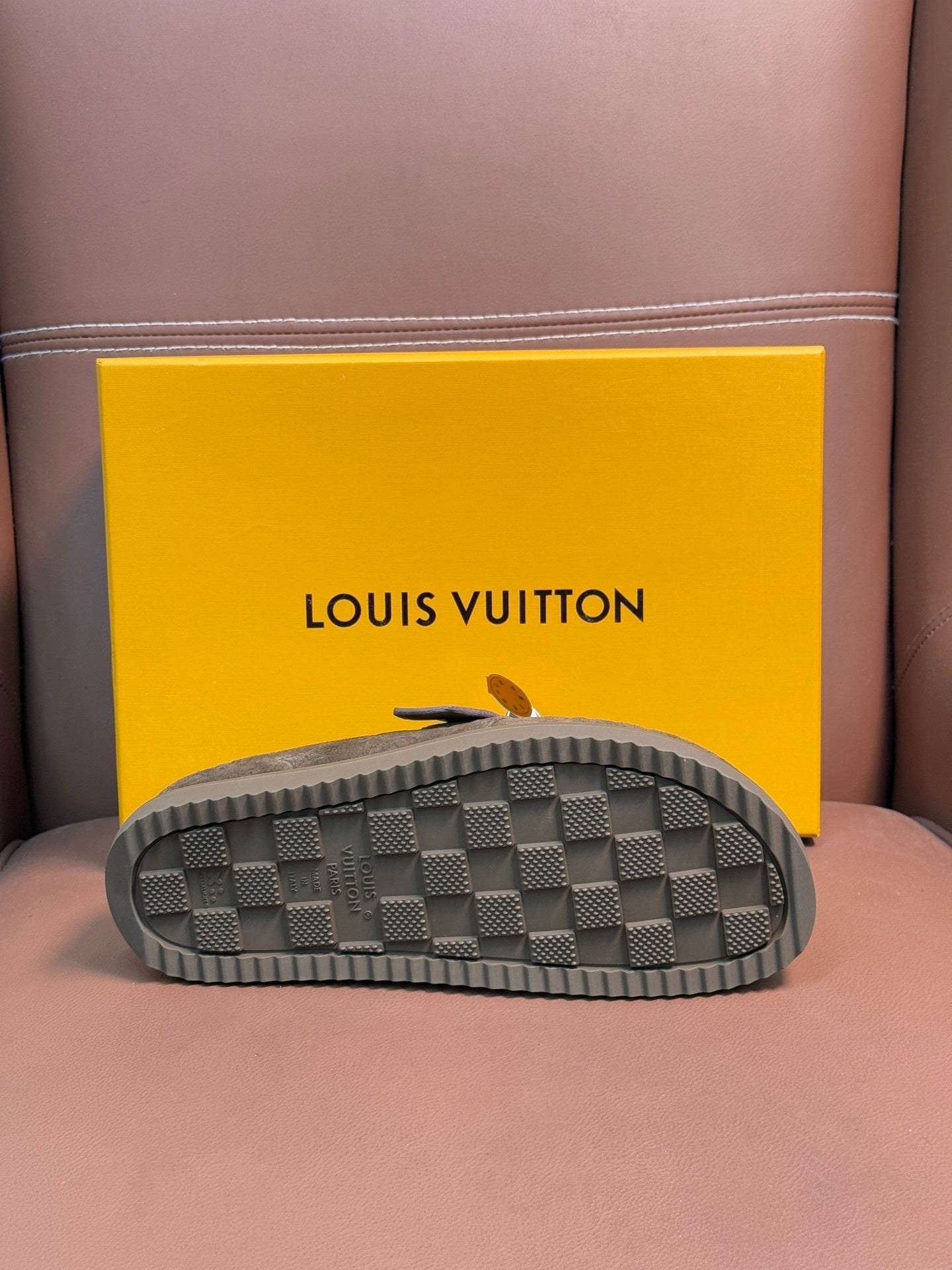 BROWN EMBOSSED SUEDE SLIDE CLOGS