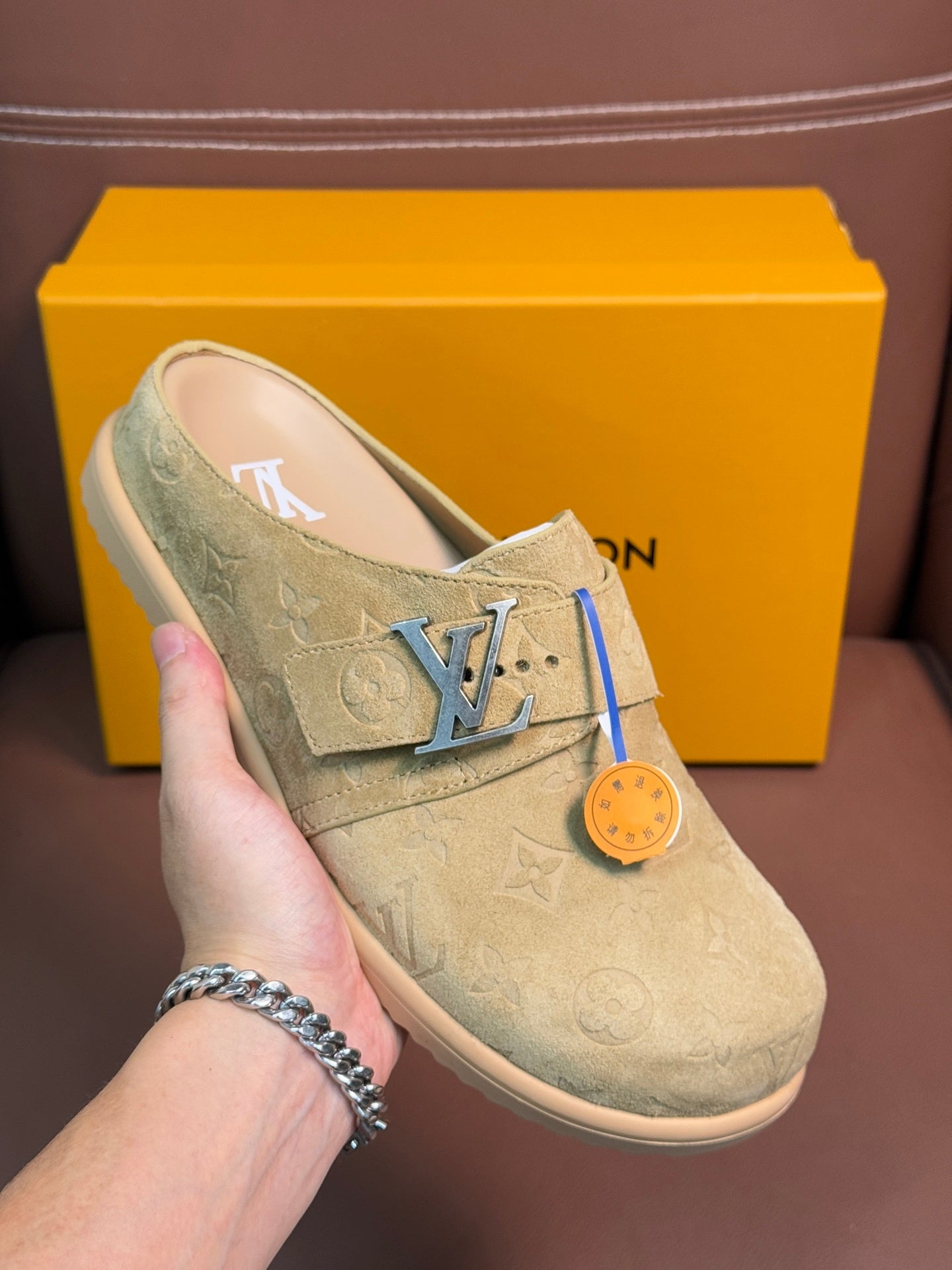 SUEDE MONOGRAM SLIDE CLOGS