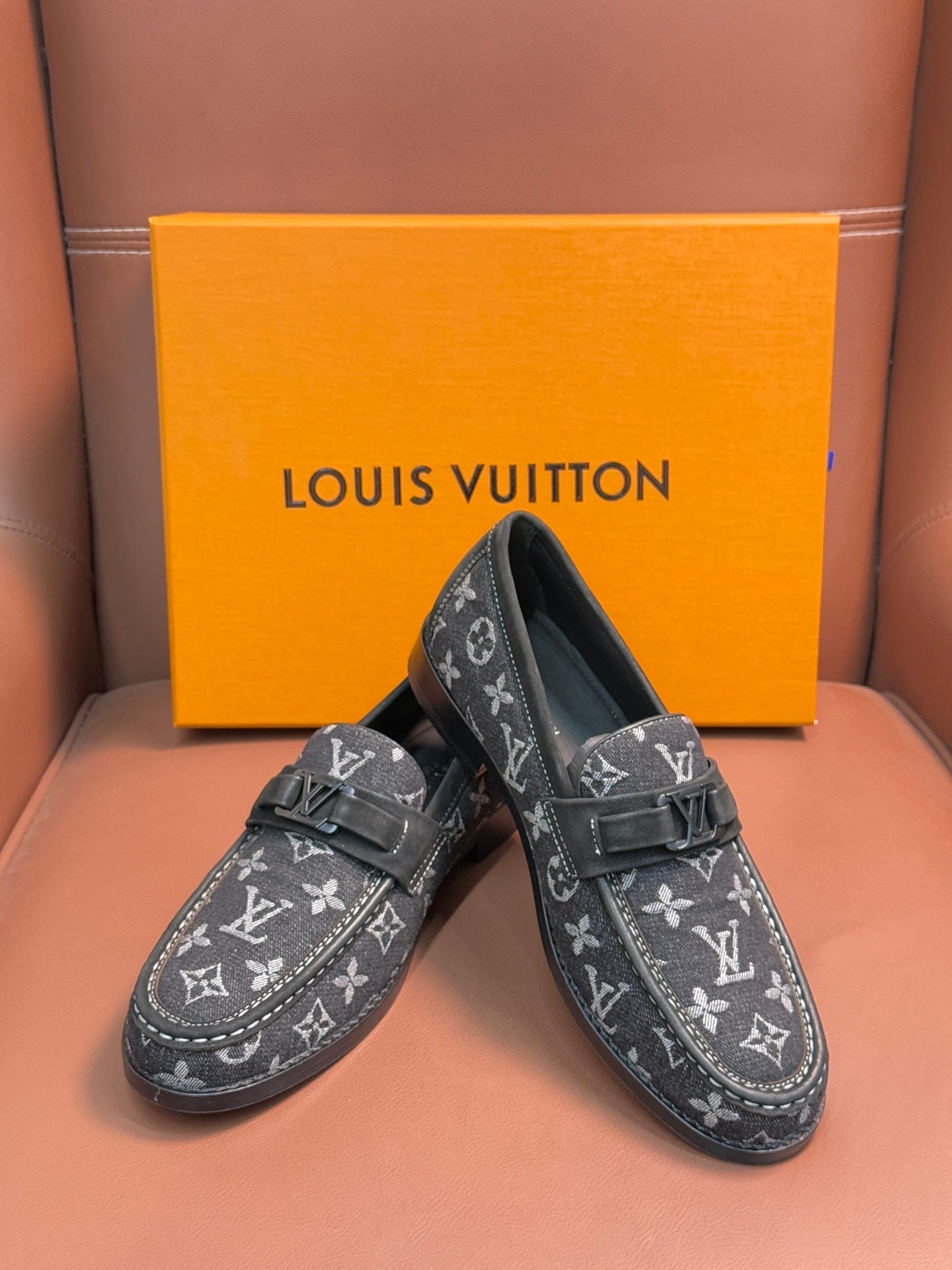 BLACK MONOGRAM CANVAS LOAFERS WITH METAL DETAIL