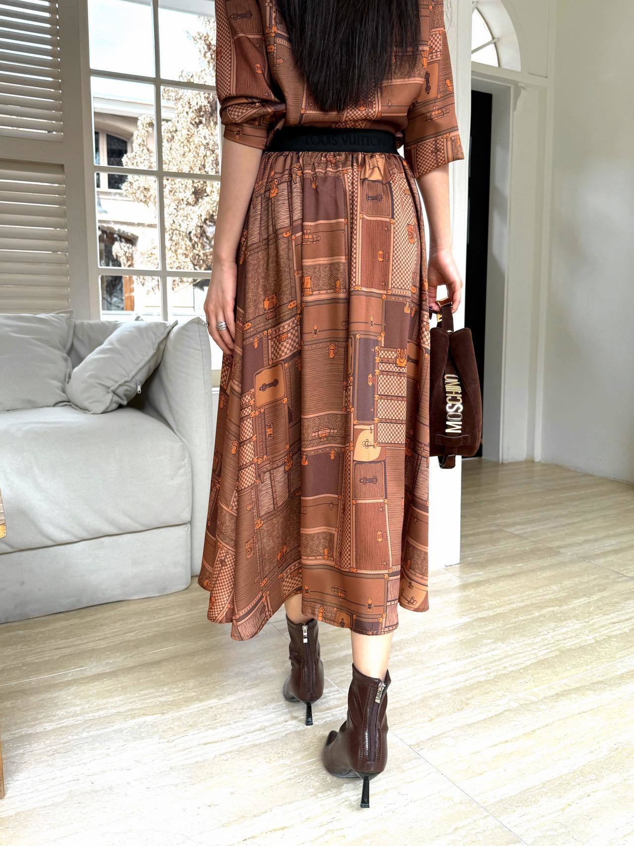 PRINTED BUTTON-FRONT MIDI DRESS WITH WAIST BELT