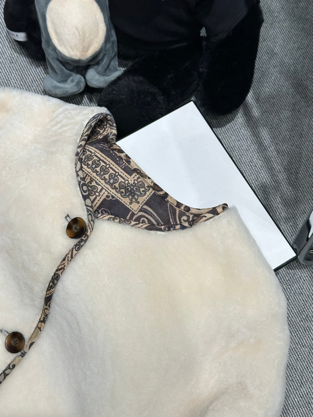 IVORY SOFT-SHEARLING JACKET WITH PATTERNED TRIM DETAILS