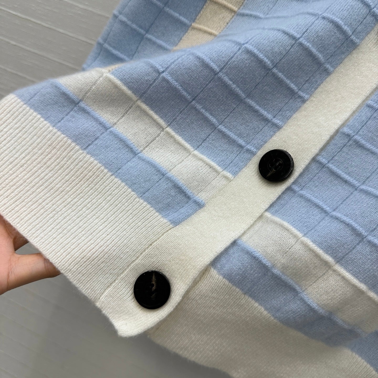 SOFT BLUE TEXTURED CARDIGAN WITH CONTRAST BUTTONS