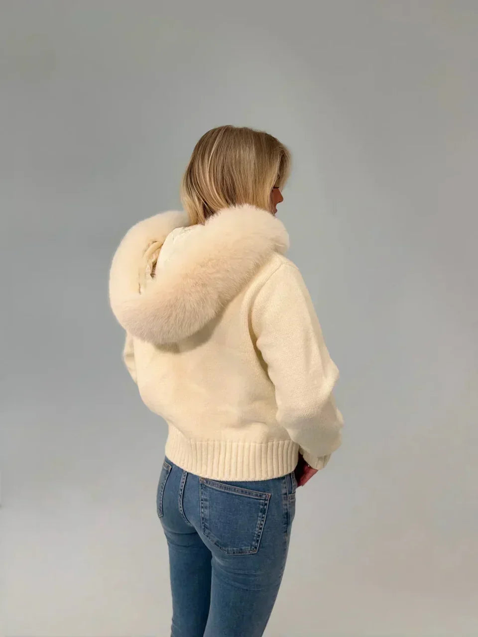 FUR HOODED KNIT JACKET