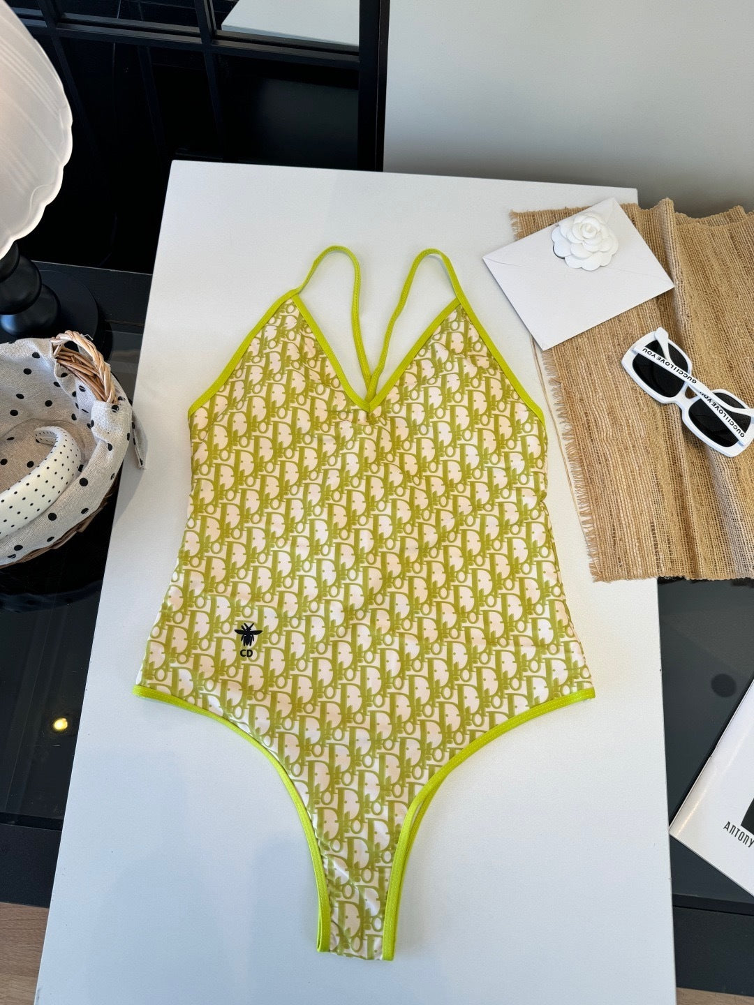 LIME MONOGRAM V-NECK ONE-PIECE SWIMSUIT
