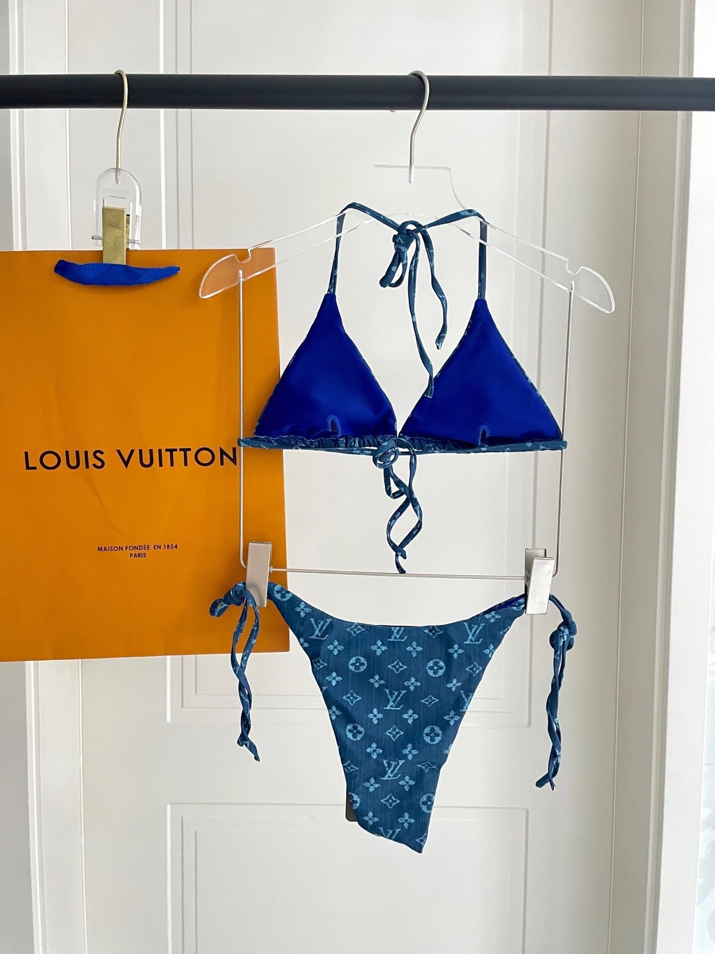 BLUE MONOGRAM TRIANGLE STRING BIKINI SET