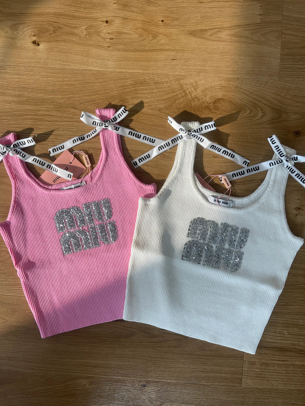 RHINESTONE LOGO RIBBED BOW TANK TOP