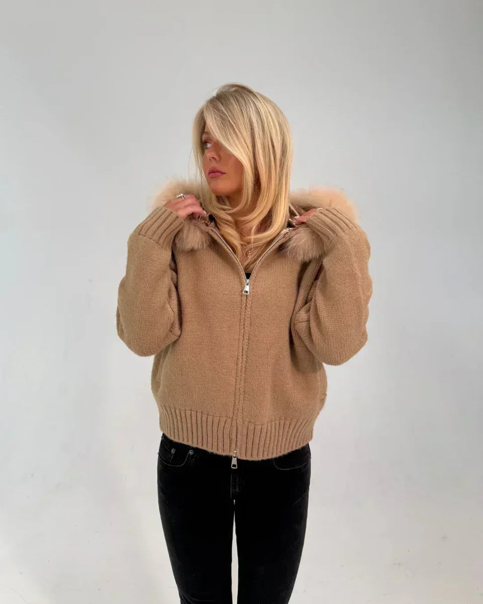 FUR TRIM KNIT HOODIE