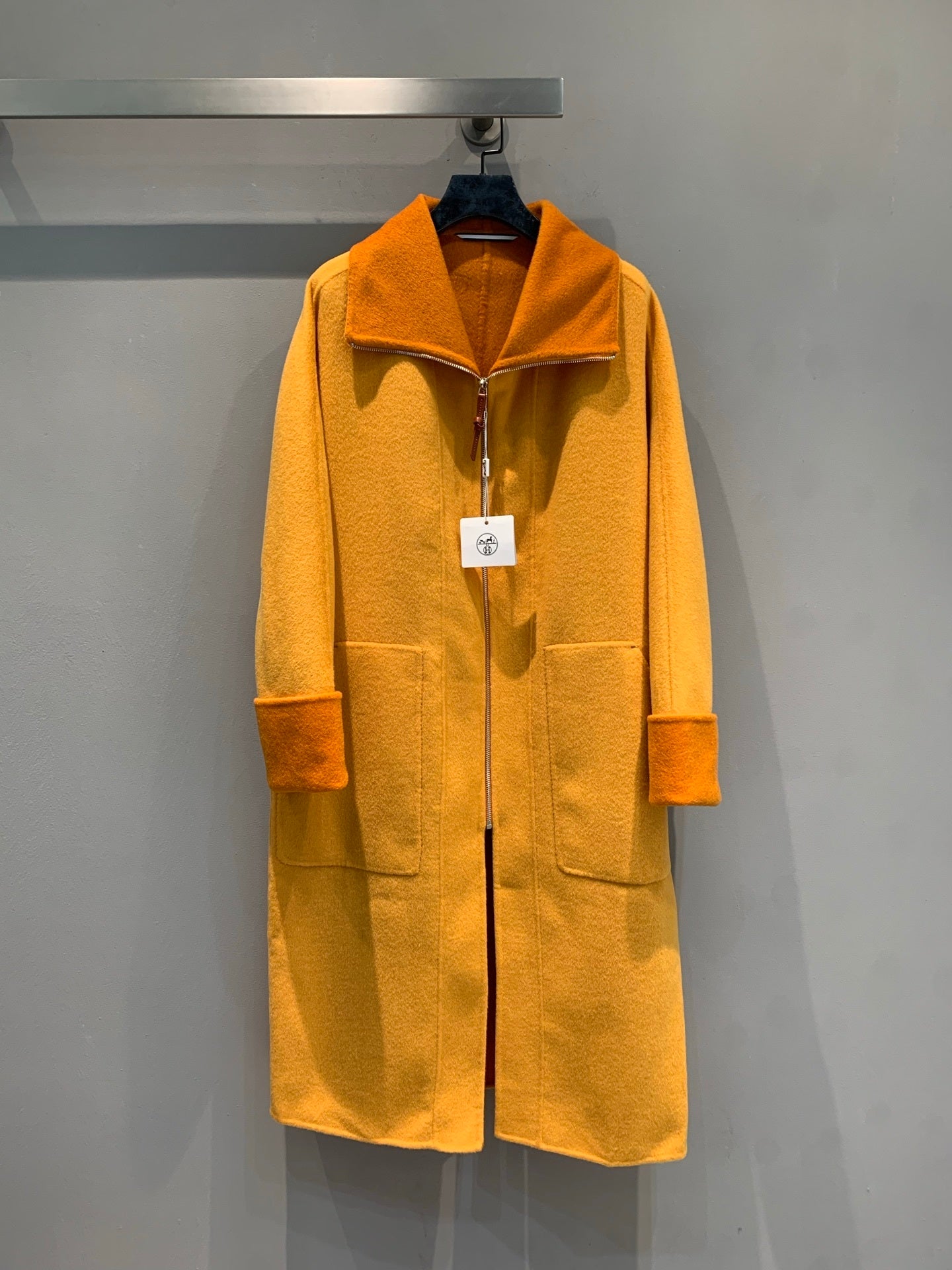 LUXURY SAFFRON WOOL COAT WITH ZIP FRONT & OVERSIZED COLLAR