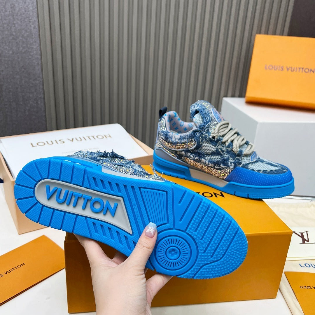 DENIM CRYSTAL-EMBELLISHED PLATFORM SNEAKERS IN BLUE