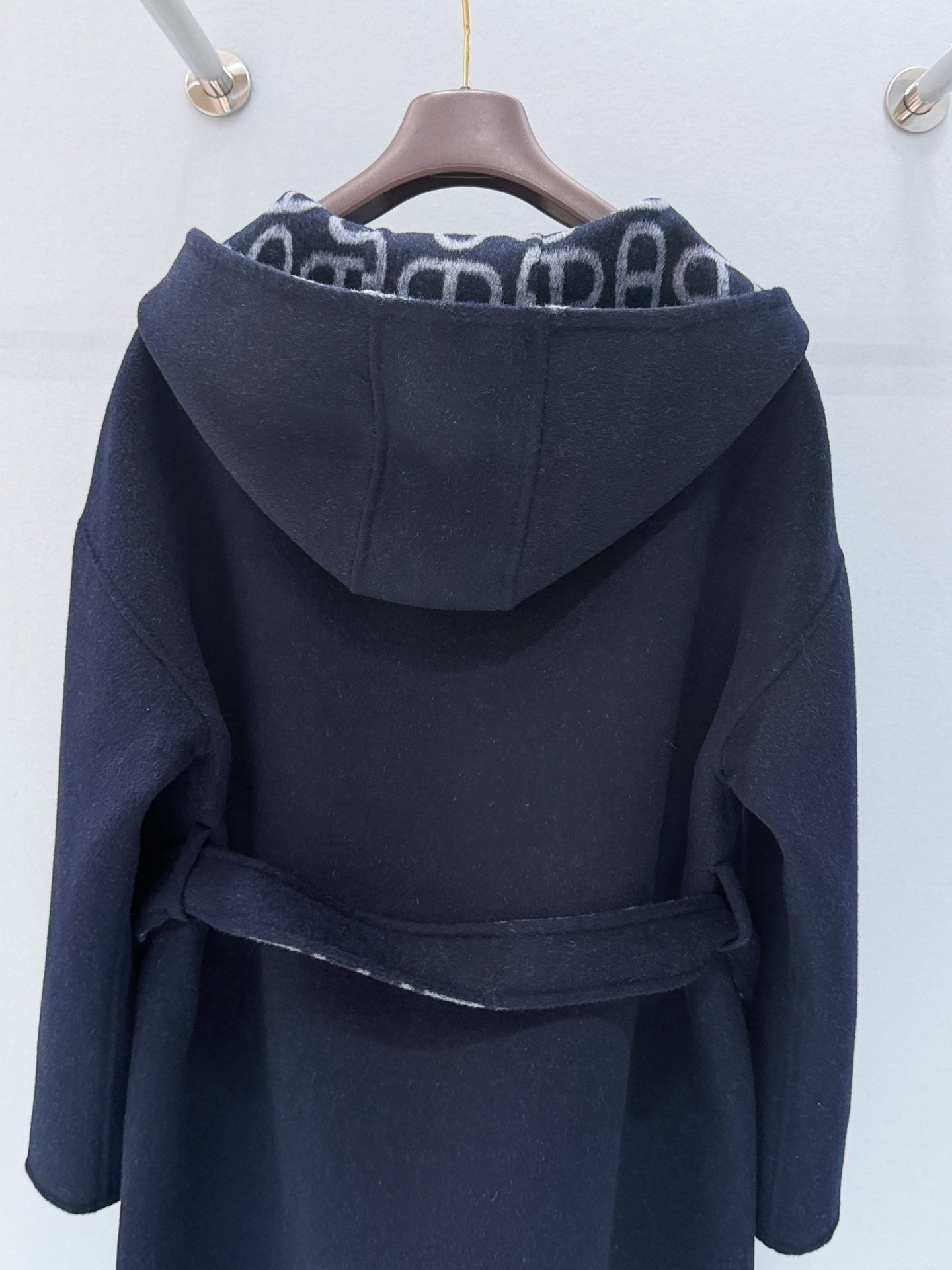 NAVY LONG COAT WITH HOOD, ZIP FRONT AND WAIST TIE