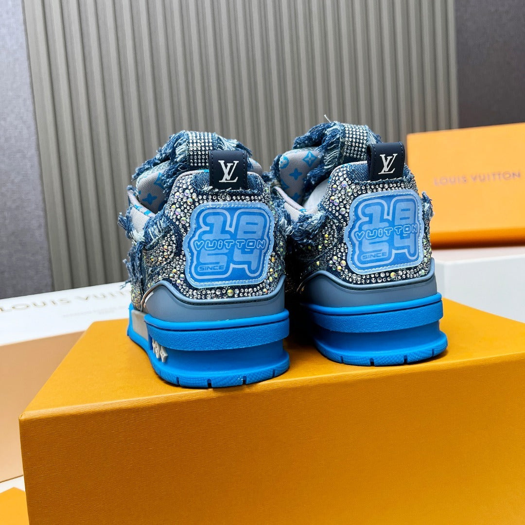 DENIM CRYSTAL-EMBELLISHED PLATFORM SNEAKERS IN BLUE