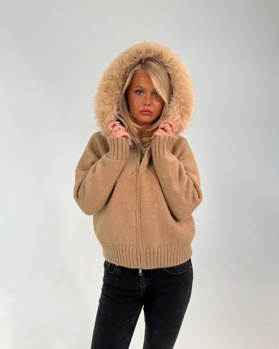 FUR TRIM KNIT HOODIE