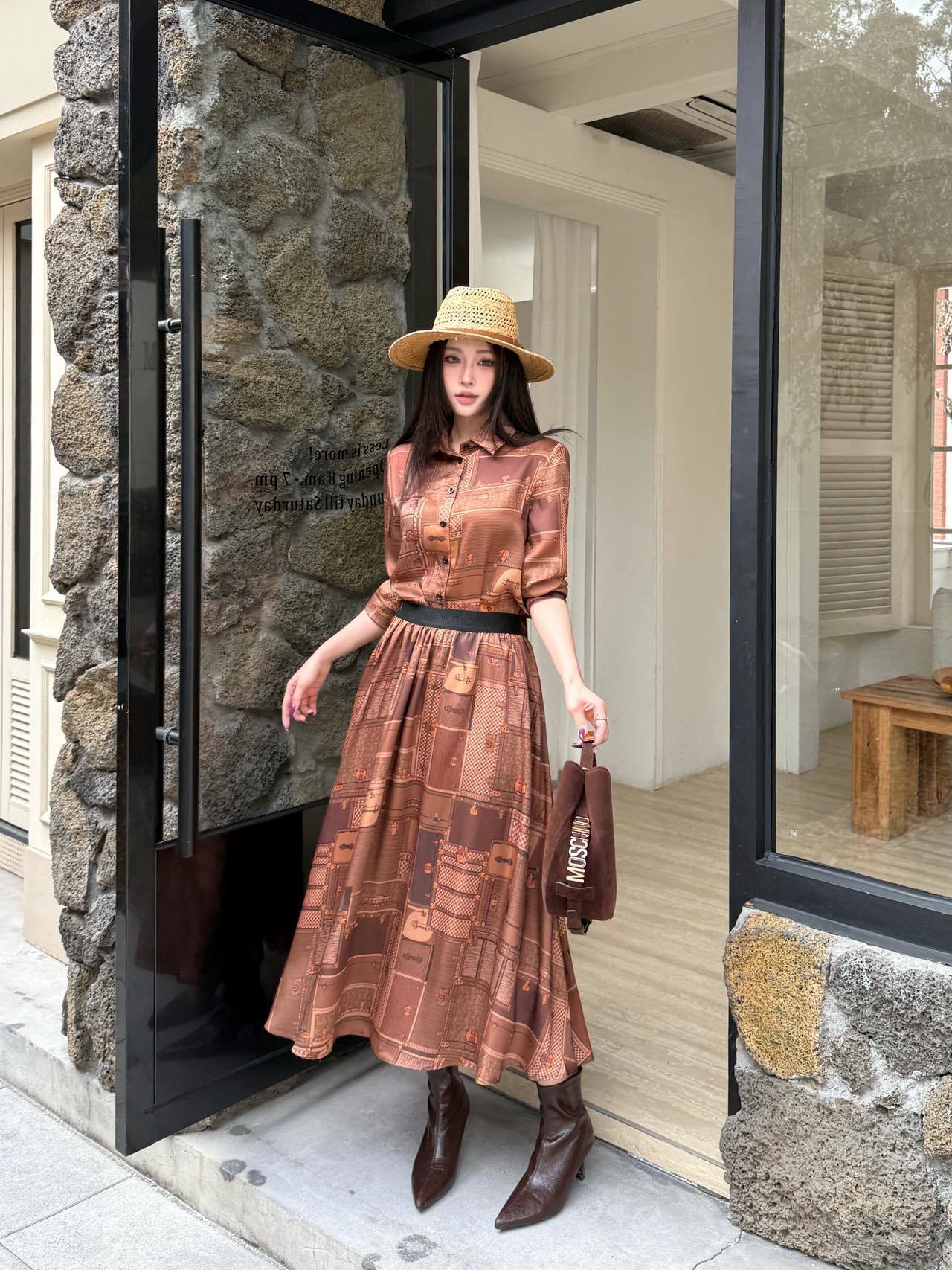 PRINTED BUTTON-FRONT MIDI DRESS WITH WAIST BELT