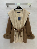 BELTED HOODED COAT WITH FUR-TRIM SLEEVES