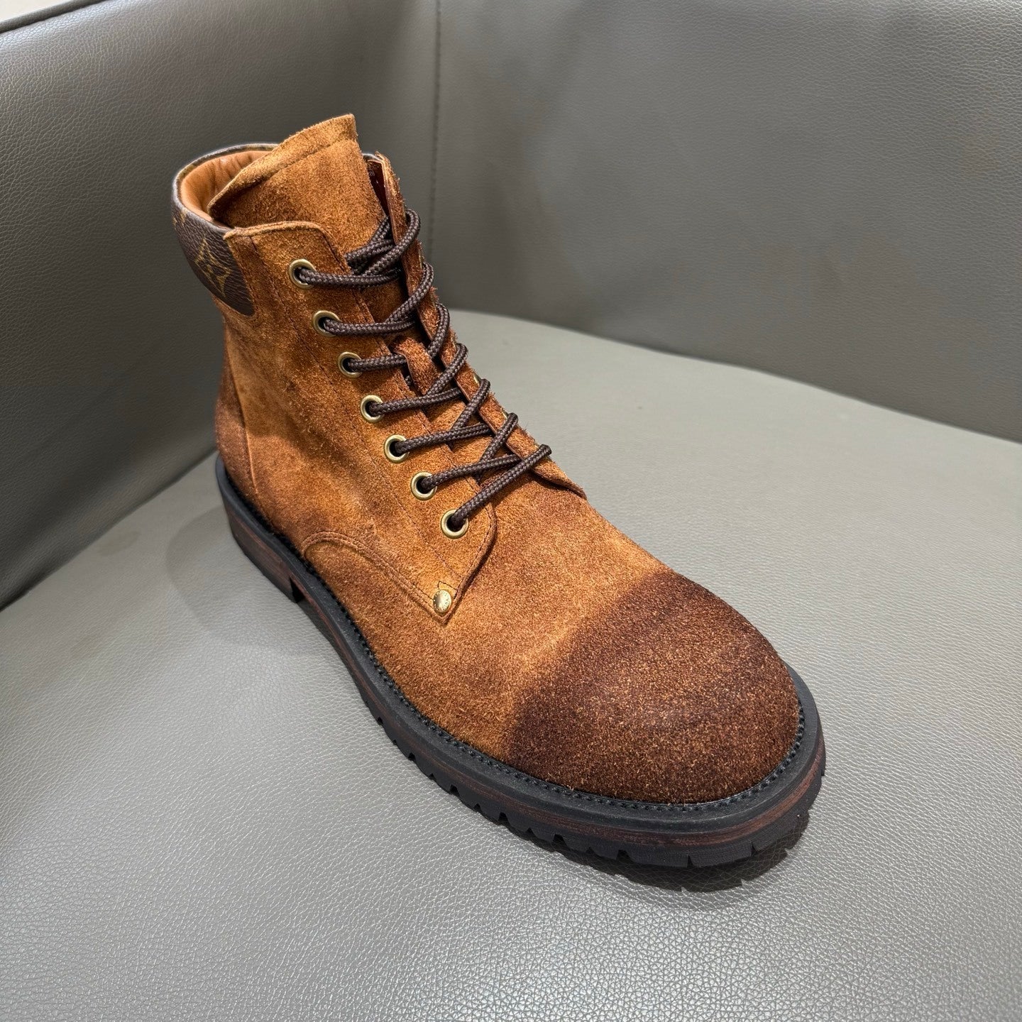 BROWN SUEDE MONOGRAM LACE-UP BOOTS