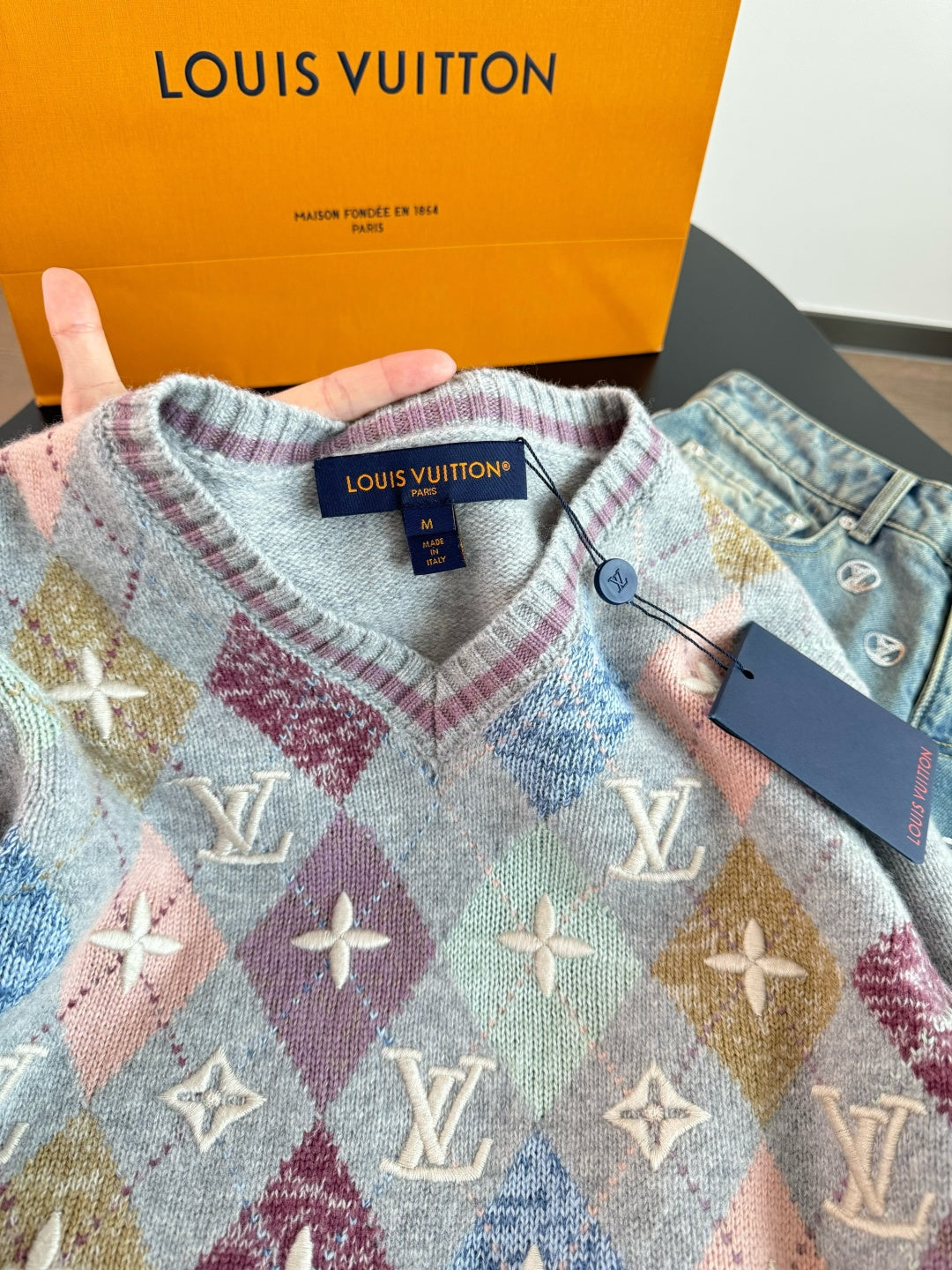 ARGYLE KNIT SWEATER WITH EMBROIDERED DETAILS