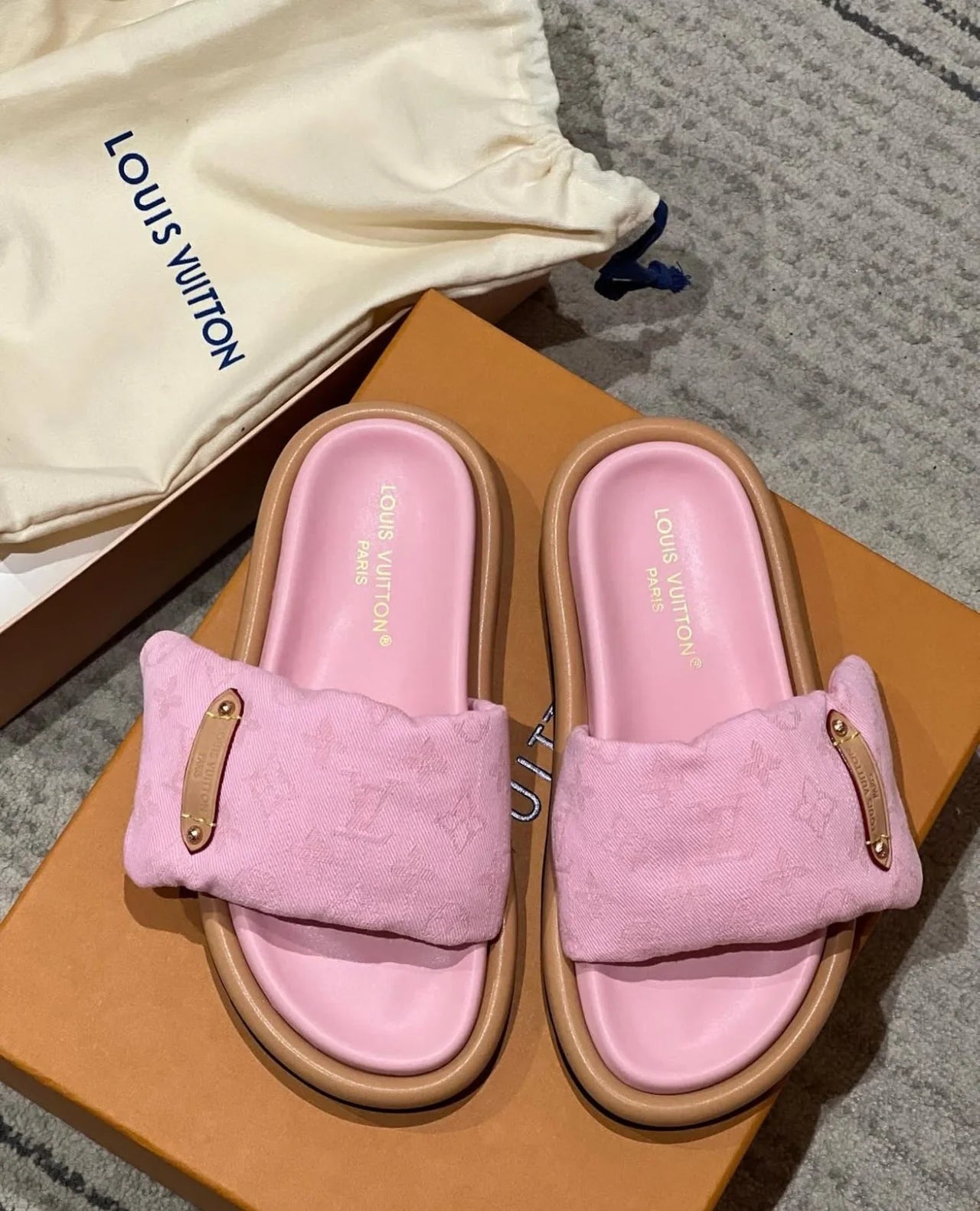 BLUSH PINK PADDED MONOGRAM SLIDE SANDALS
