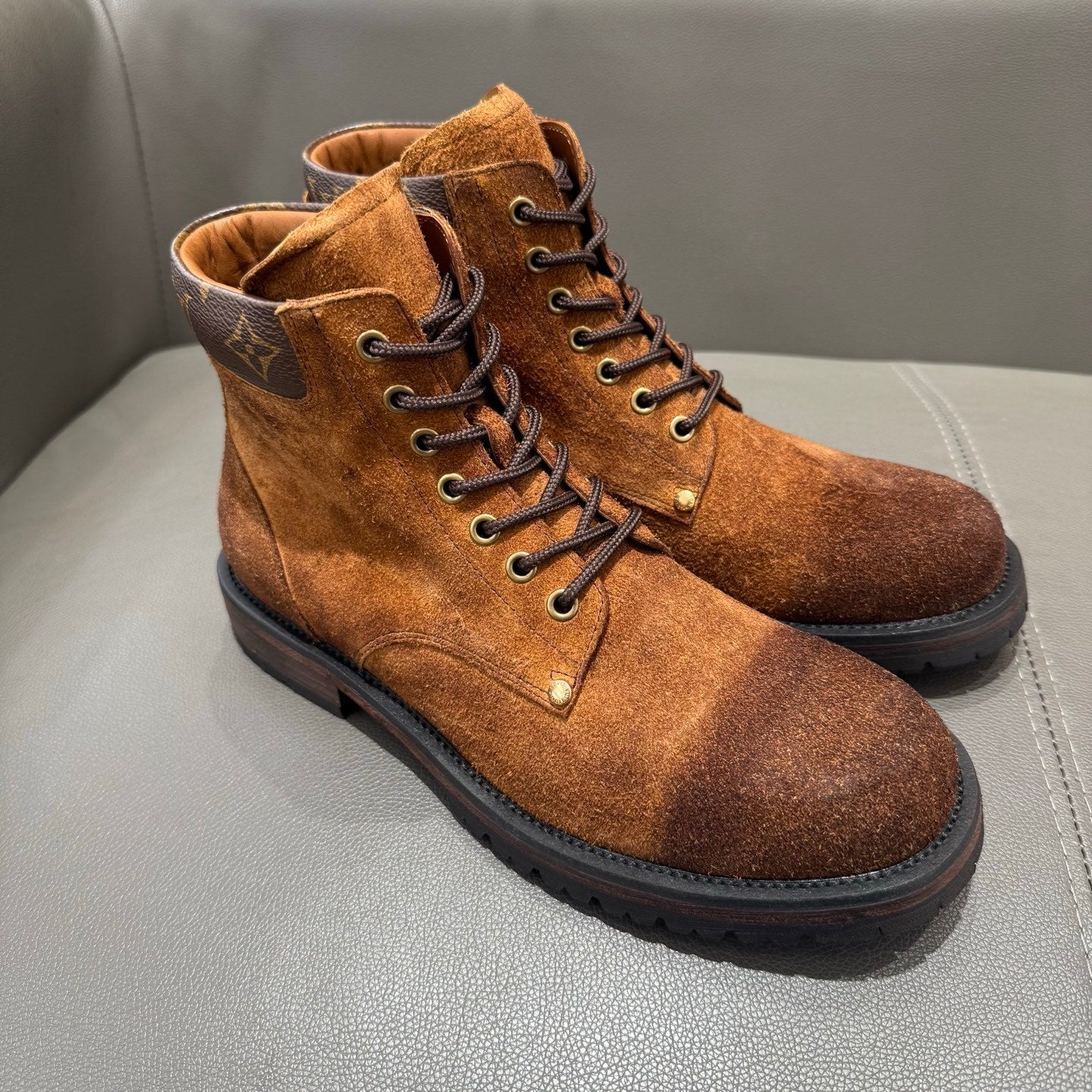 BROWN SUEDE MONOGRAM LACE-UP BOOTS