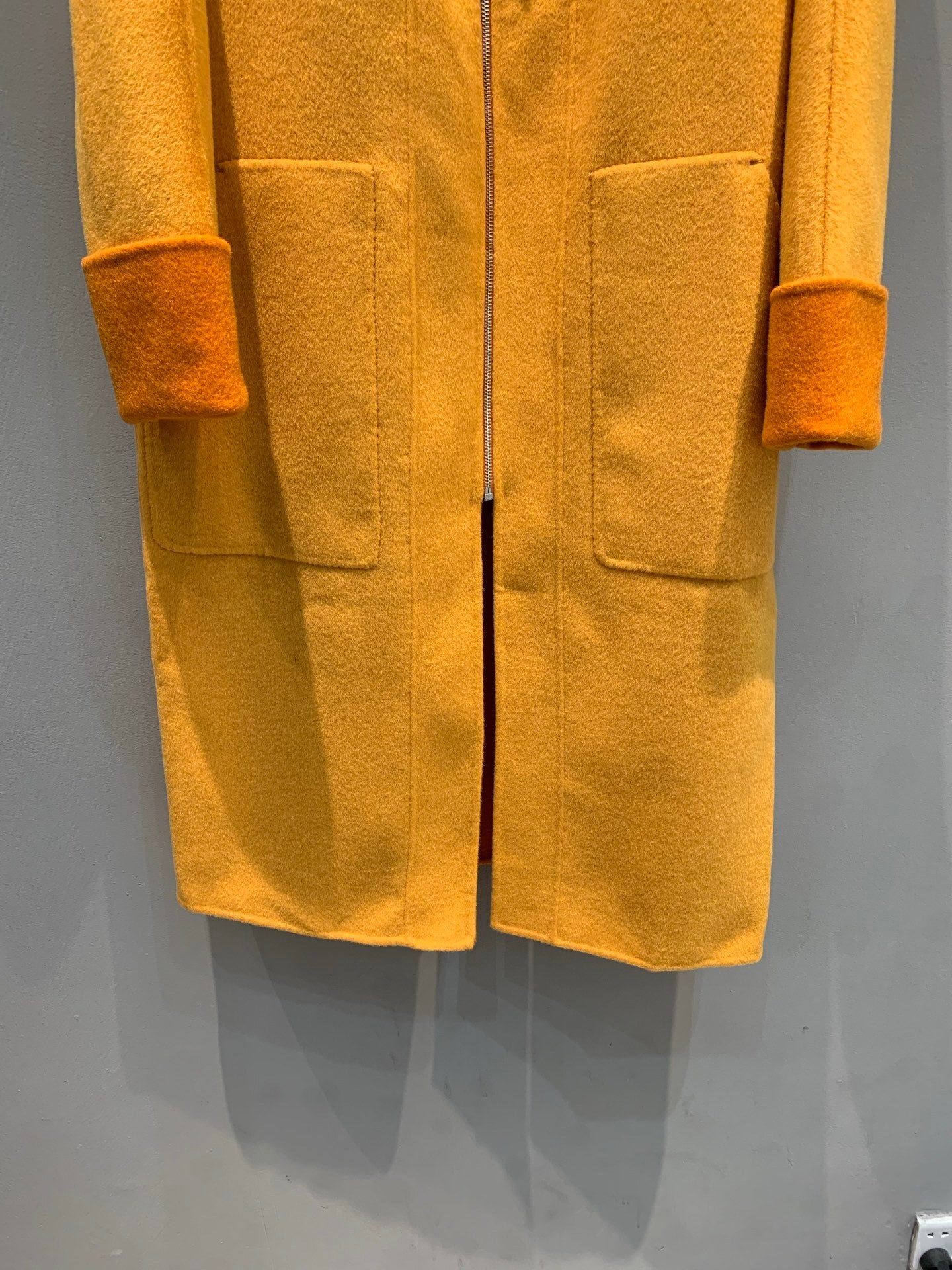 LUXURY SAFFRON WOOL COAT WITH ZIP FRONT & OVERSIZED COLLAR