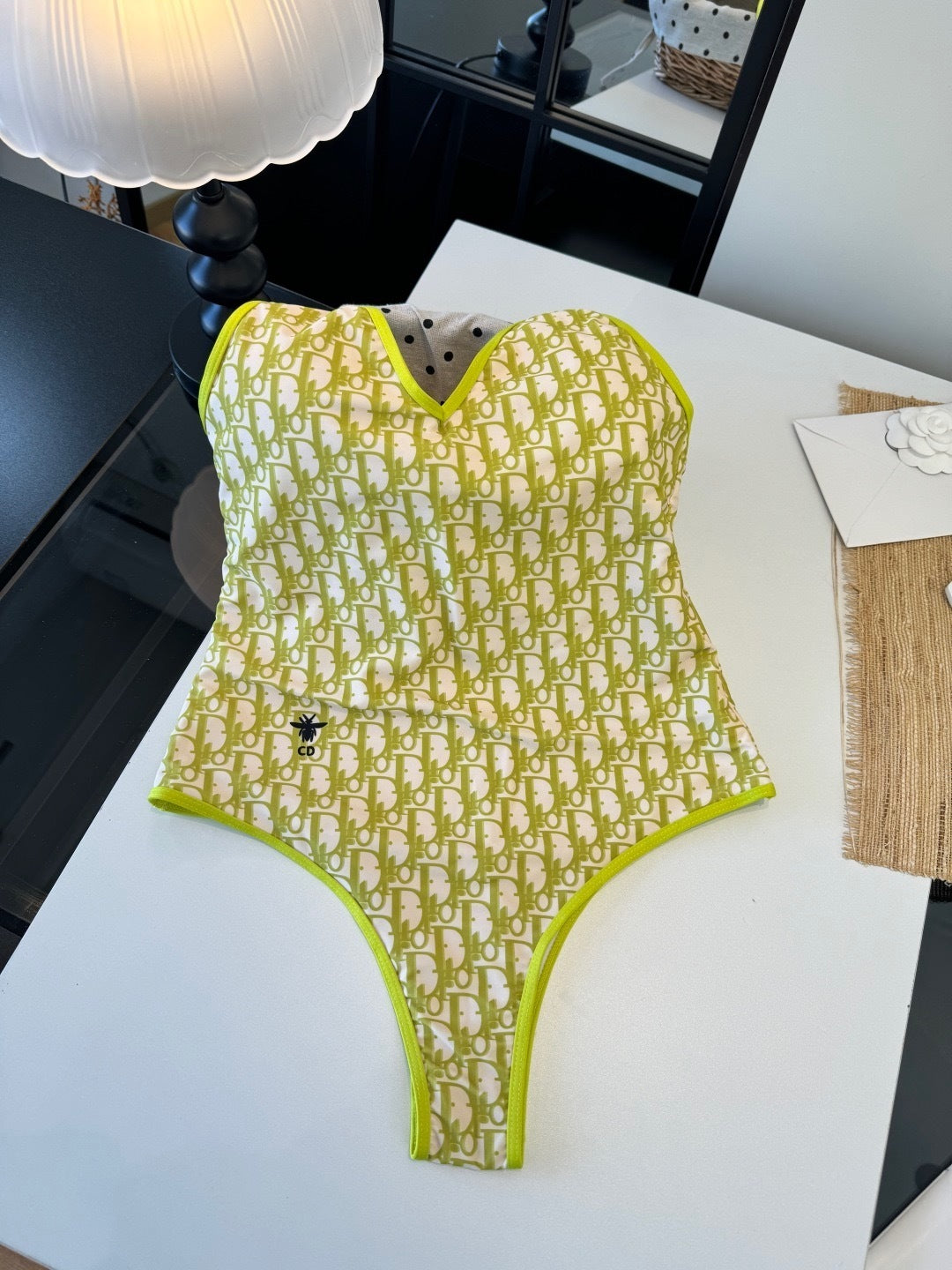 LIME MONOGRAM V-NECK ONE-PIECE SWIMSUIT