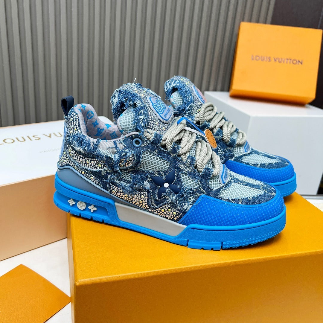 DENIM CRYSTAL-EMBELLISHED PLATFORM SNEAKERS IN BLUE