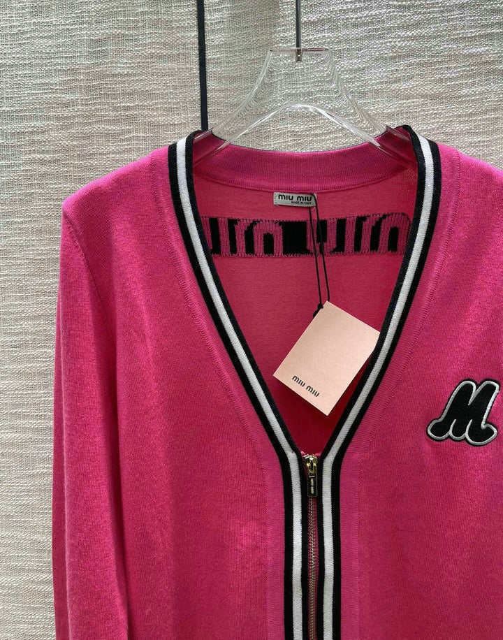 ZIP-UP CONTRAST KNIT CARDIGAN