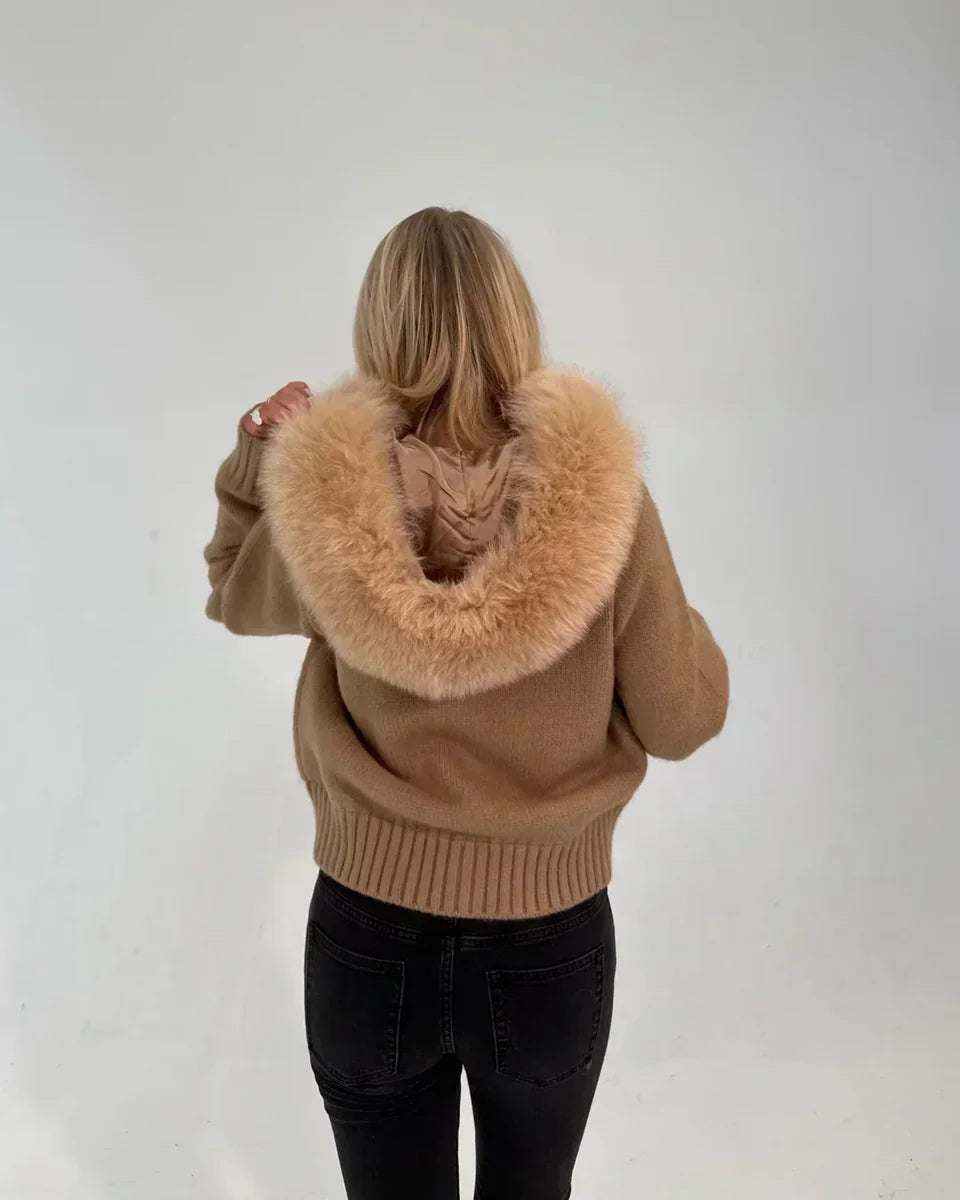 FUR TRIM KNIT HOODIE