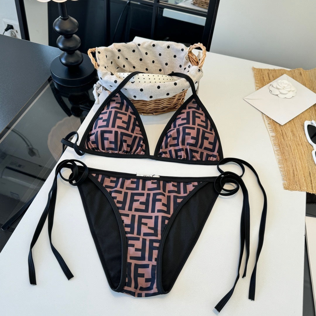 BROWN MONOGRAM TRIANGLE STRING BIKINI SET