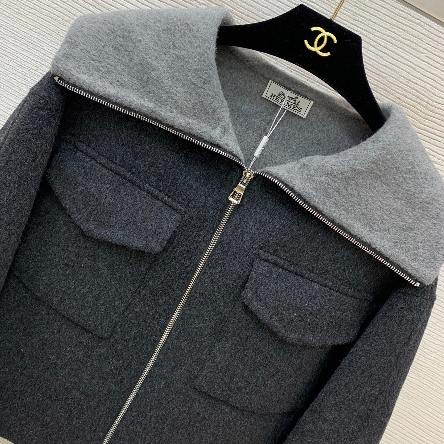 CHARCOAL WOOL-BLEND CROPPED ZIP JACKET