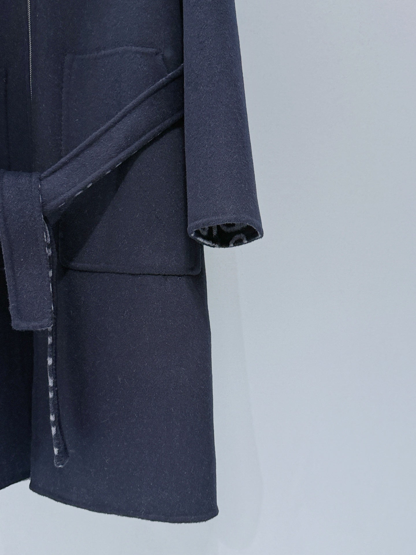 NAVY LONG COAT WITH HOOD, ZIP FRONT AND WAIST TIE