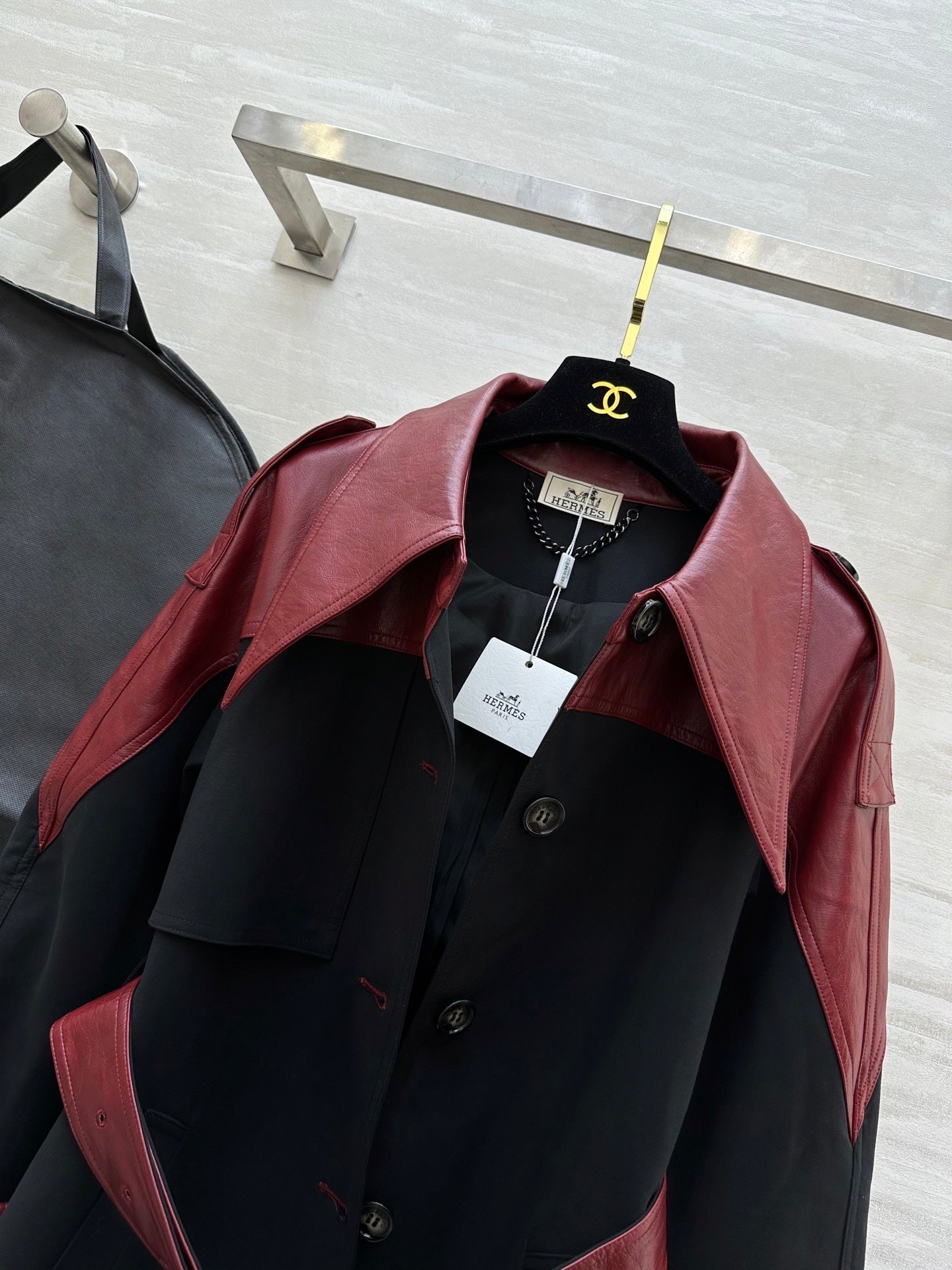 TWO-TONE BELTED LONG COAT WITH LEATHER ACCENTS