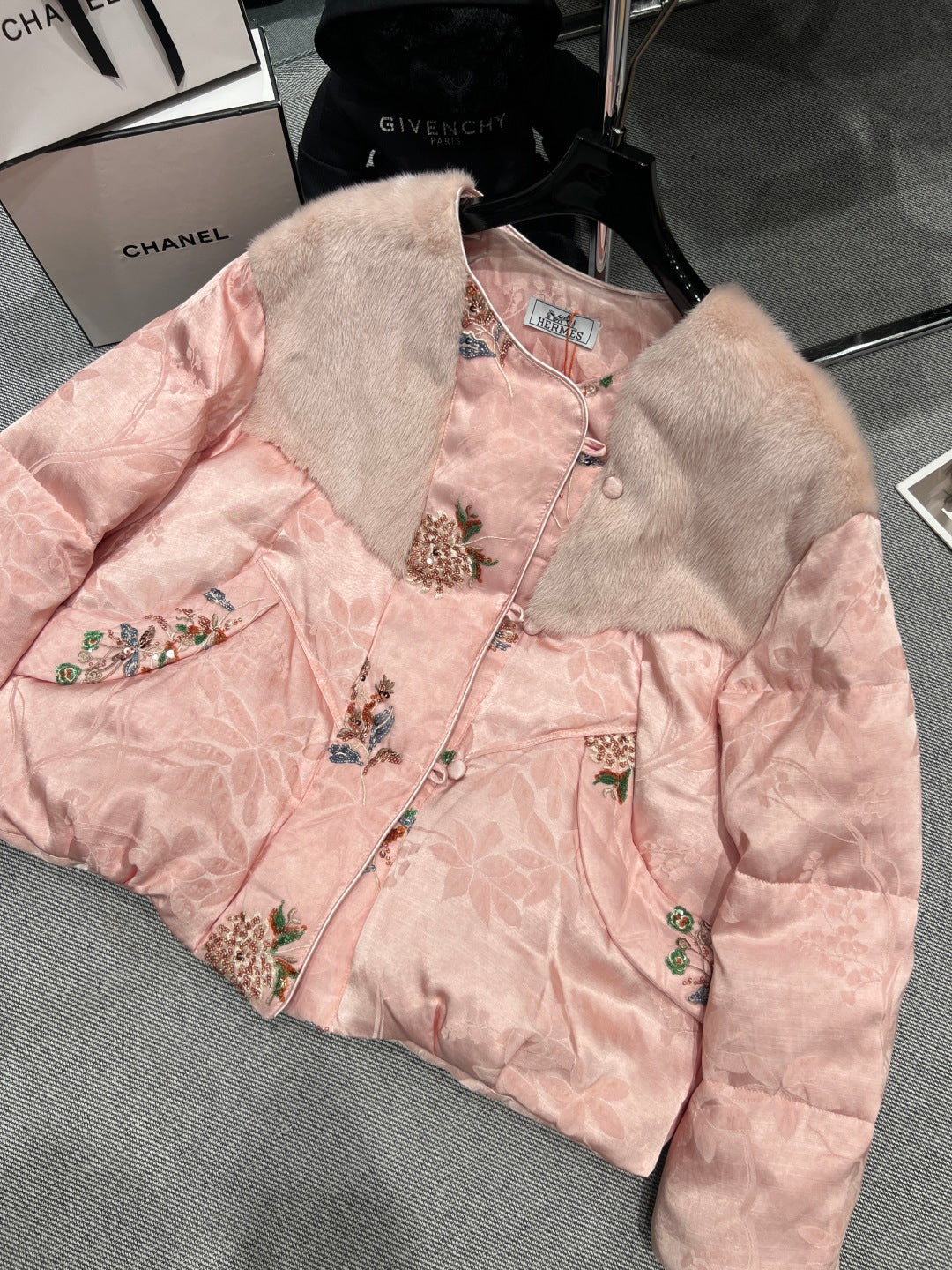 BLUSH PINK EMBROIDERED PUFFER JACKET WITH FUR TRIM