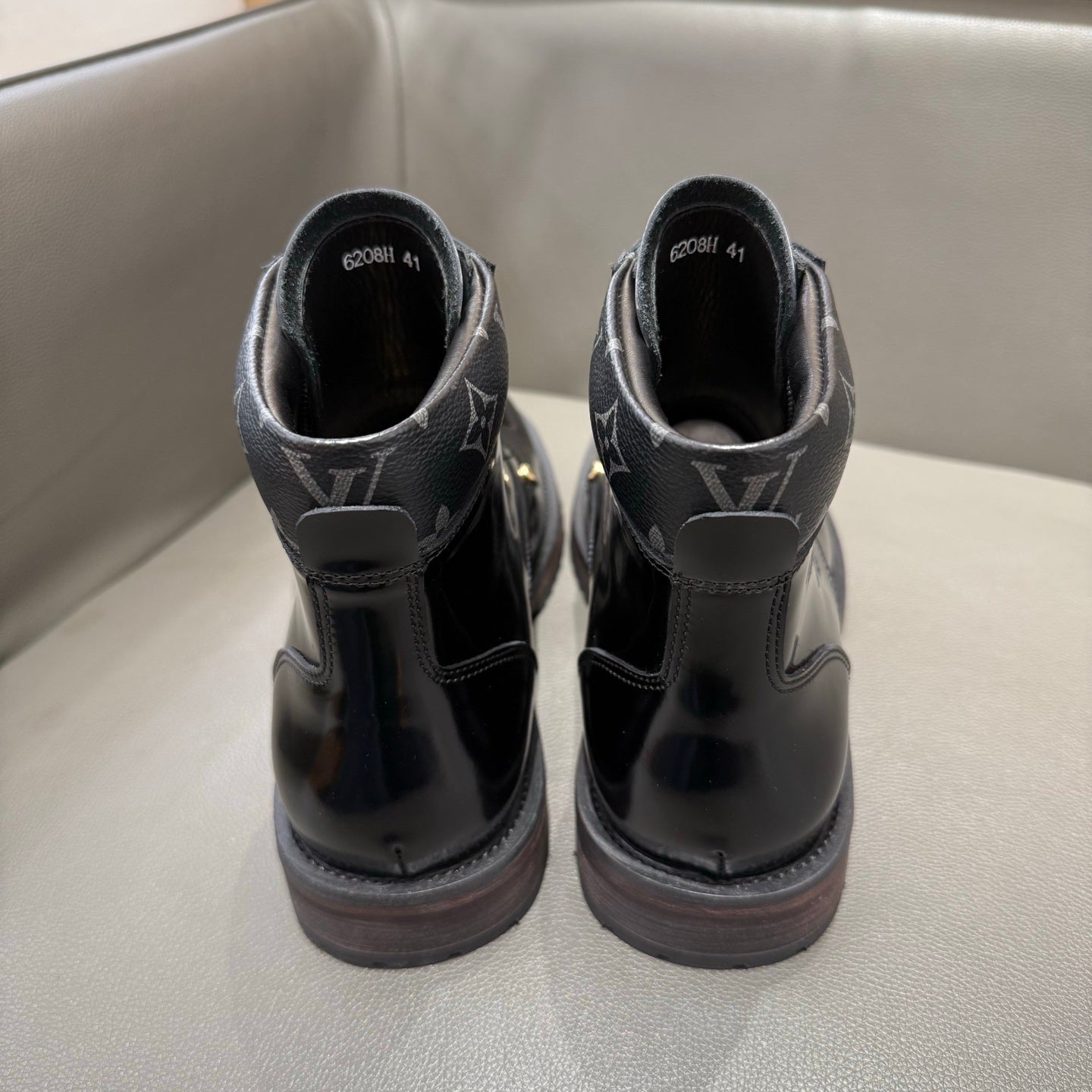 BLACK LEATHER MONOGRAM LACE-UP BOOTS