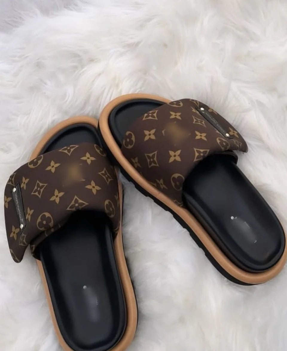 BROWN MONOGRAM PUFF PLATFORM SLIDES