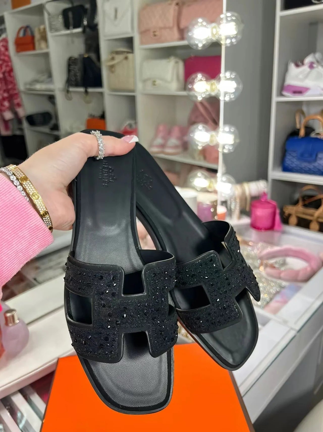 GLAM CRYSTAL EMBELLISHED SLIDE SANDALS