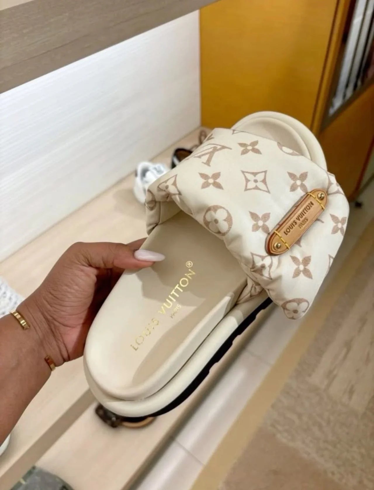 CREAM MONOGRAM PUFFER SLIDE SANDALS