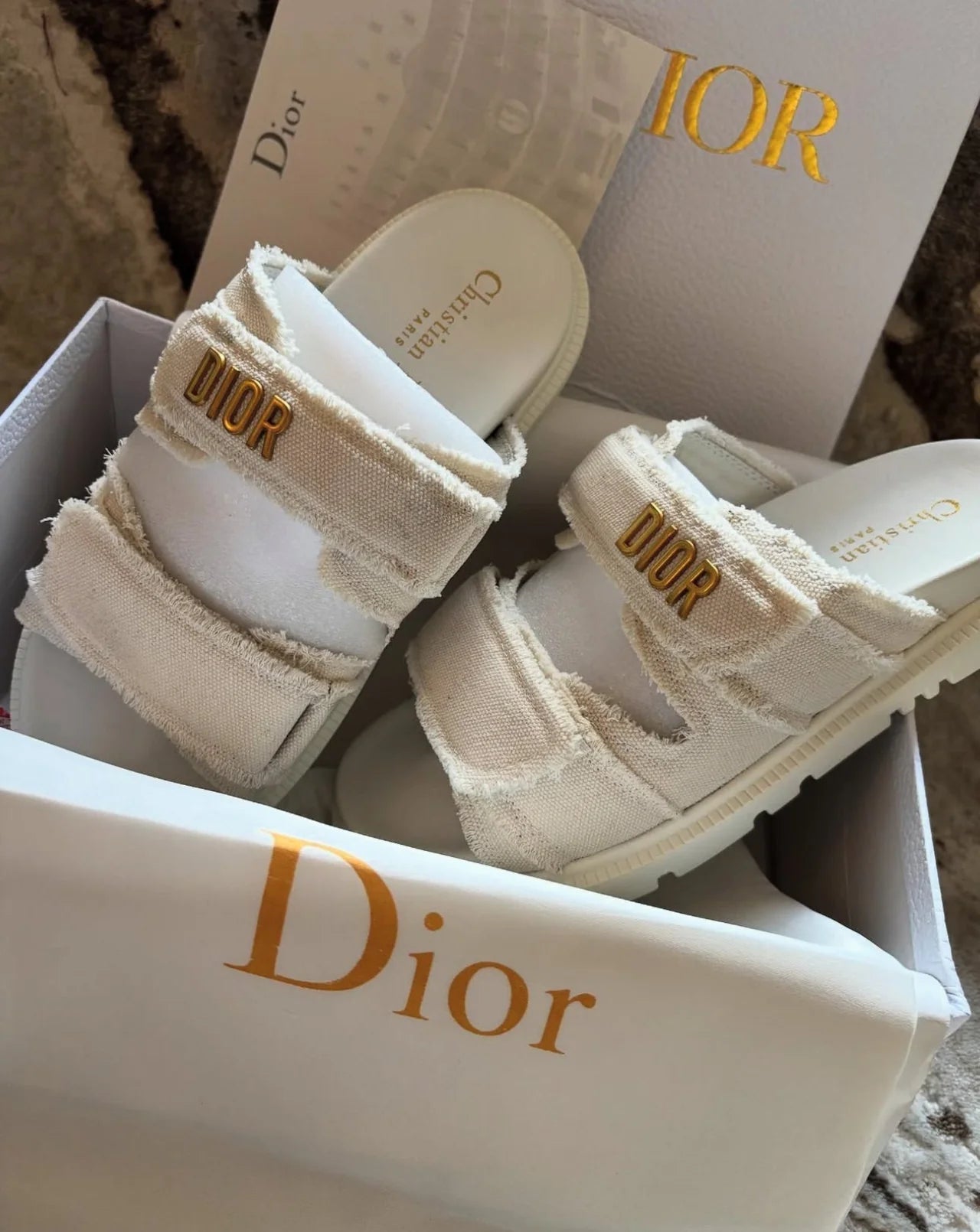 CREAM FRAYED CANVAS DOUBLE STRAP SANDALS