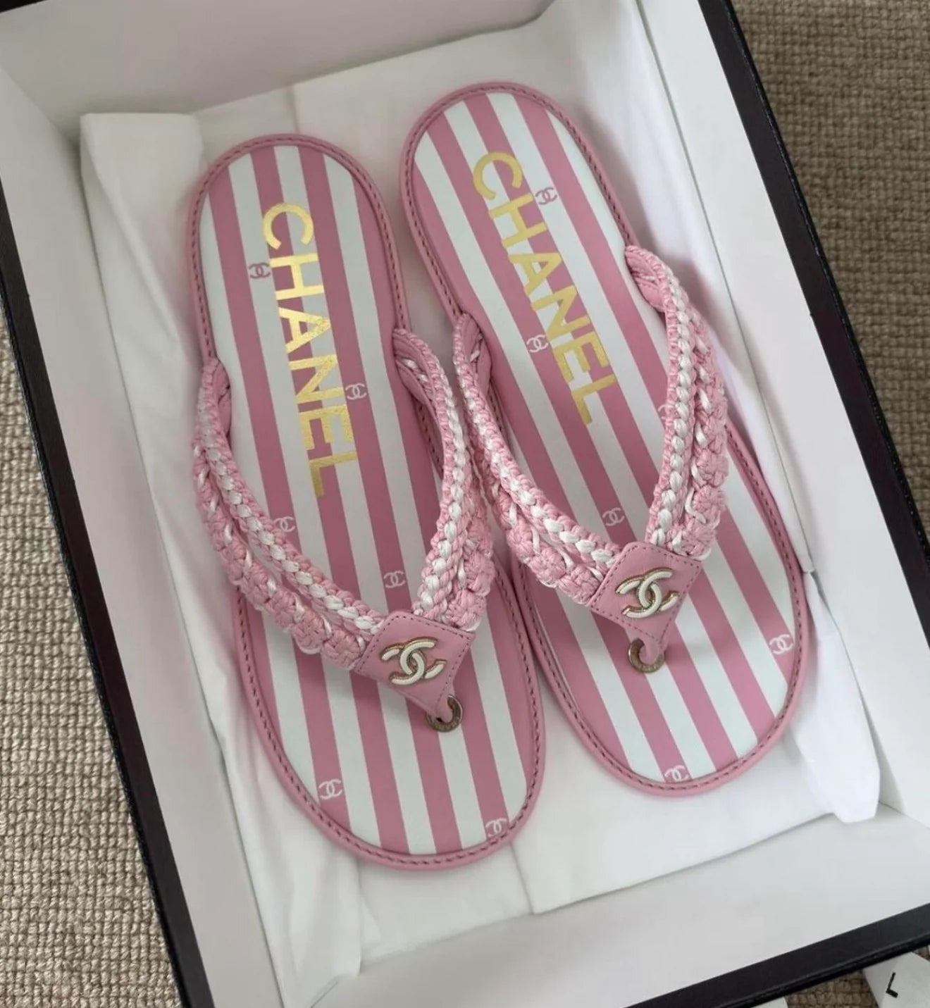 PINK STRIPED BRAIDED THONG SANDALS