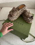 BEIGE MONOGRAM PLATFORM SLIDE SANDALS