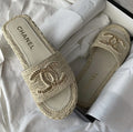 BEIGE WOVEN PLATFORM SLIDE SANDALS
