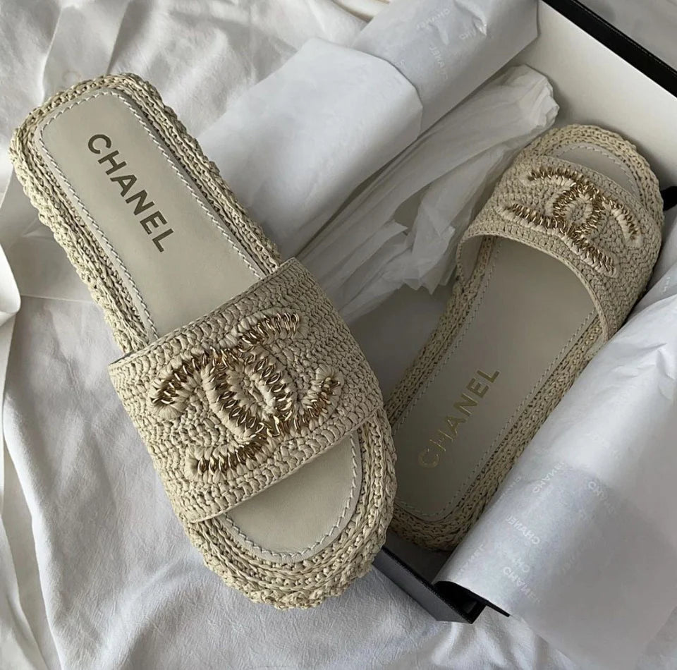 BEIGE WOVEN PLATFORM SLIDE SANDALS