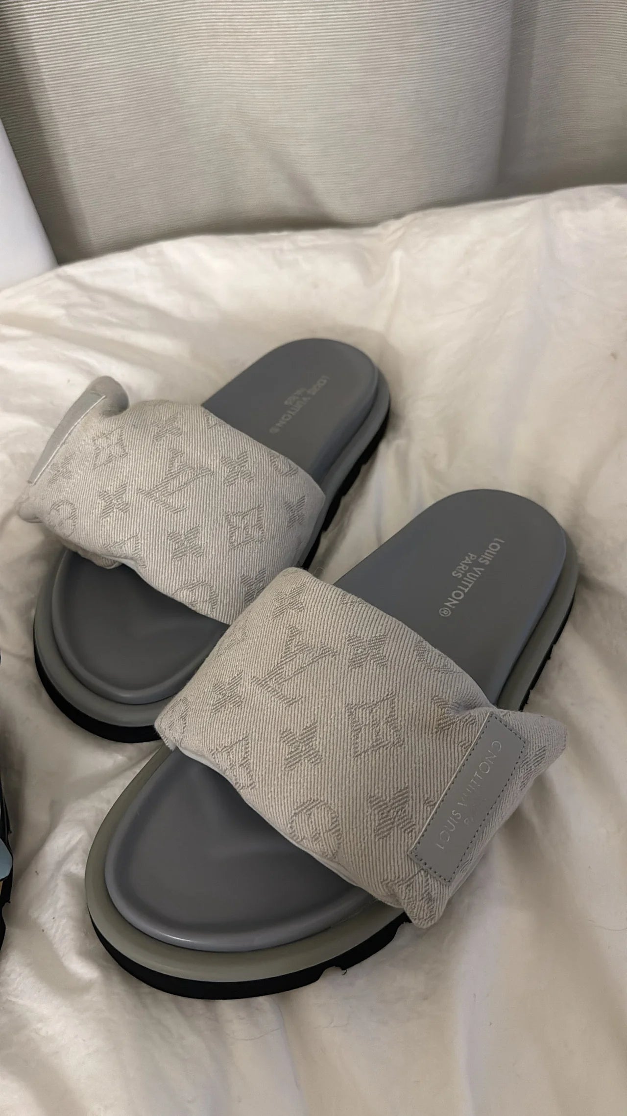 SILVER GREY MONOGRAM PUFFER SLIDE SANDALS