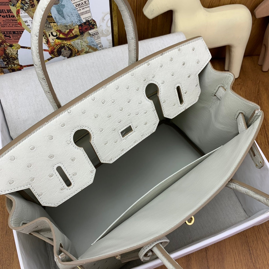 LUXURY PEARL WHITE OSTRICH TEXTURED TOP HANDLE BAG