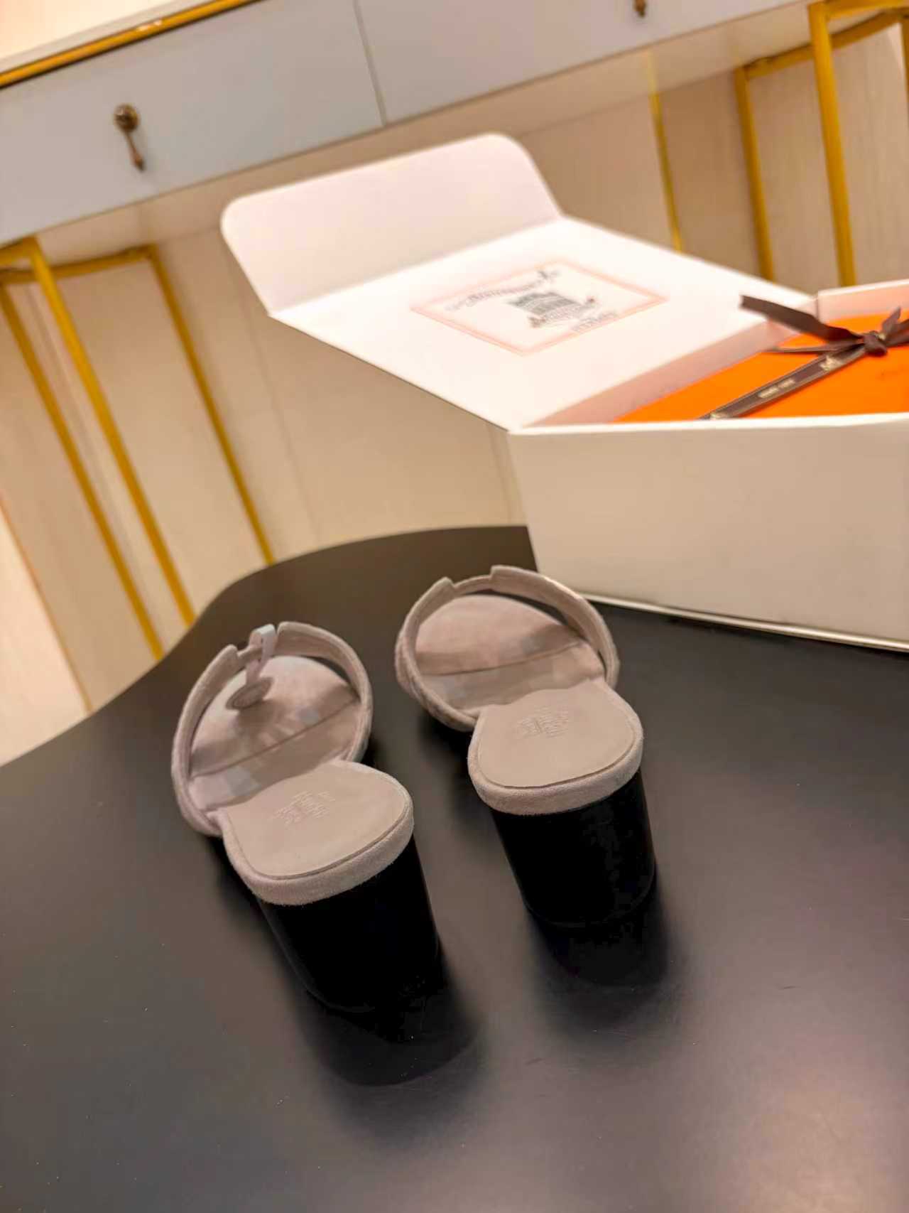 TAUPE SUEDE HEELED SLIDE SANDALS