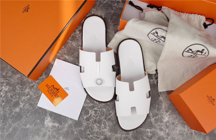 CRISP WHITE H-CUT LEATHER SLIDE SANDALS