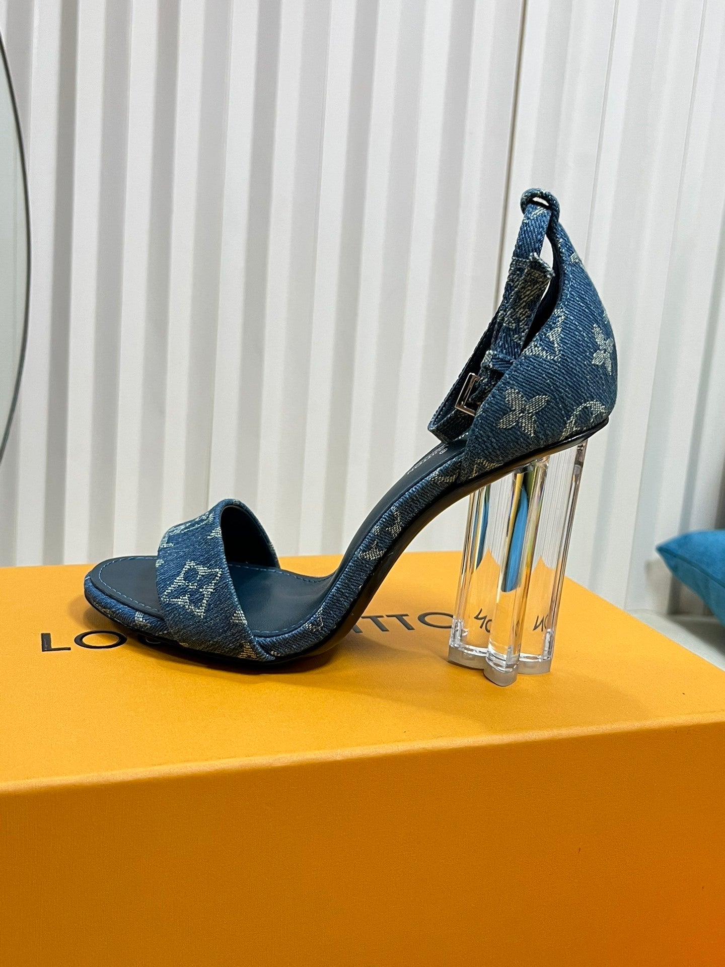 DENIM MONOGRAM CLEAR HEEL SANDALS
