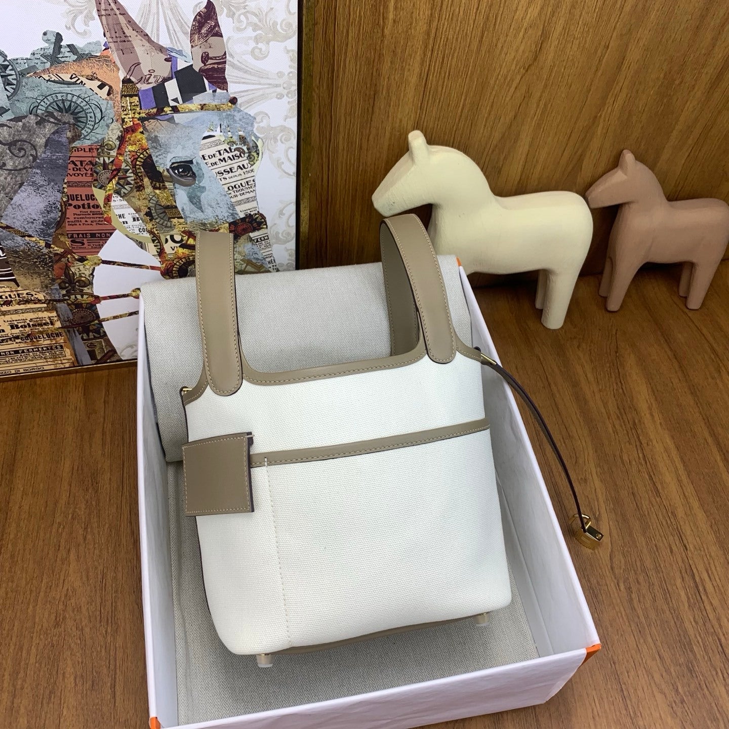 LUXURY CANVAS & TAUPE LEATHER MINI PICOTIN STYLE HANDBAG