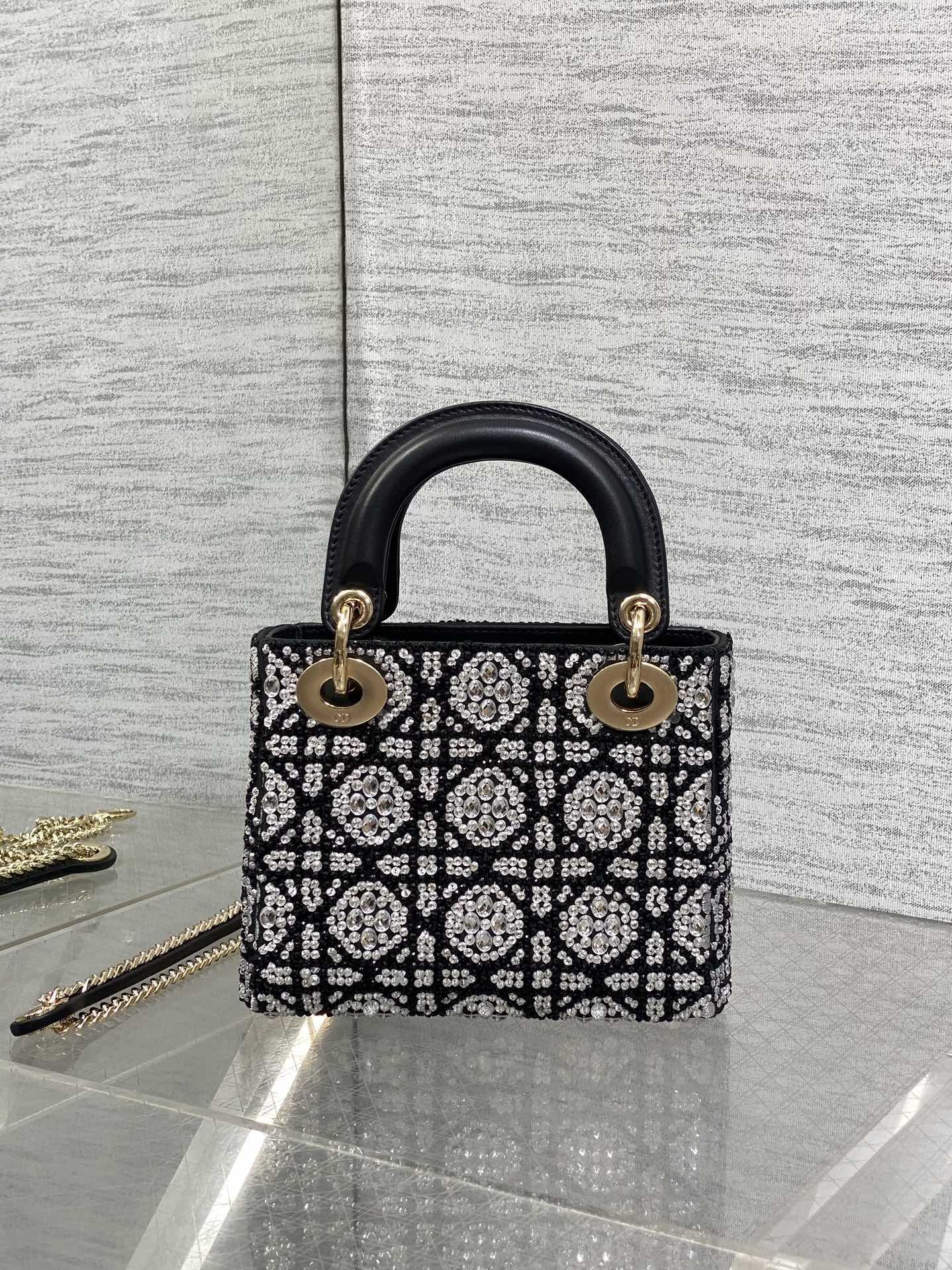 BLACK EMBELLISHED MINI TOP-HANDLE BAG WITH CHAIN STRAP