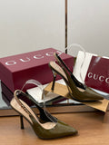 OLIVE PATENT SLINGBACK HEELS