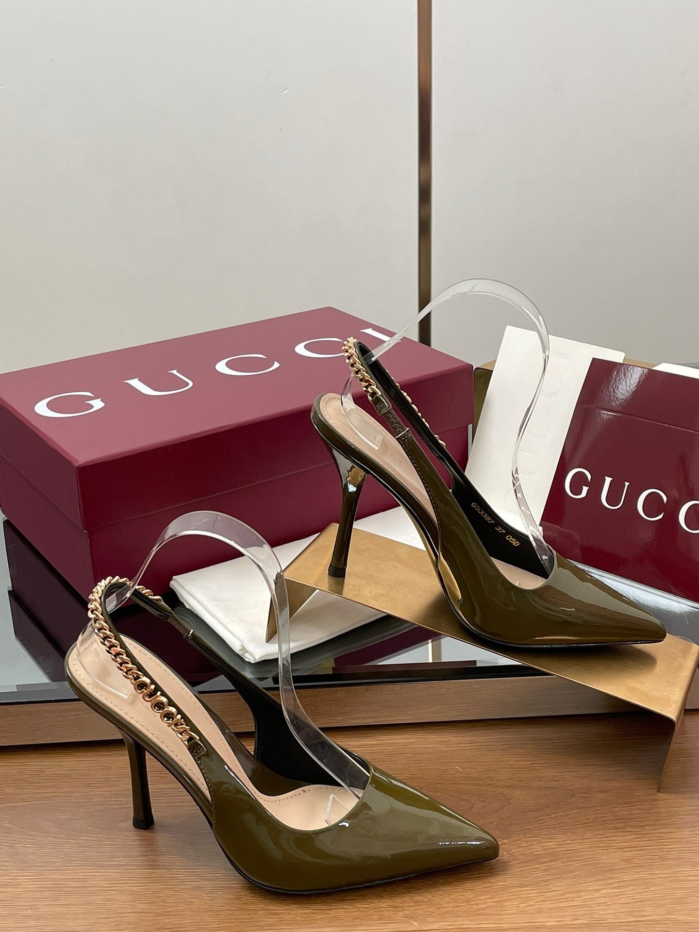 OLIVE PATENT SLINGBACK HEELS